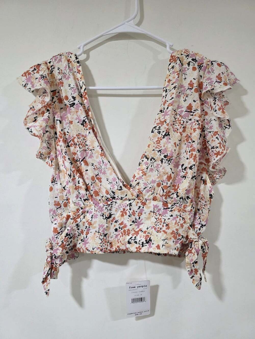 Free People Floral Ruffle Sleeve Smocked Crop Top Size M Ivory